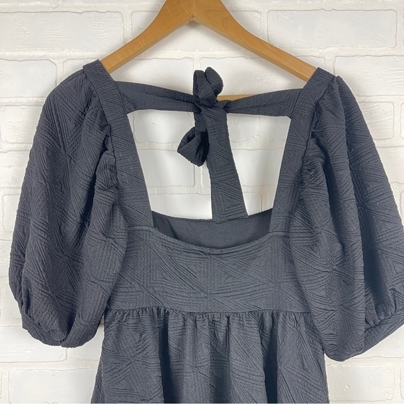 Free People Violet Mini Dress Black Textured Puff sleeve tie back size XS NWT - Picture 6 of 14